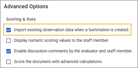 Options for importing observation data and enabling comments in a summative assessment.